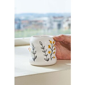 Sarı Çiçekler Amore El Yapımı Seramik Double Kahve Bardağı Mug Kupa