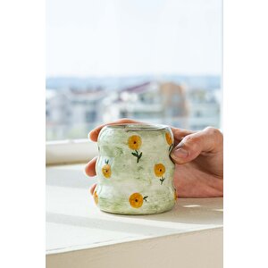 Yeşil Çiçek Amore El Yapımı Seramik Double Kahve Bardağı Mug Kupa