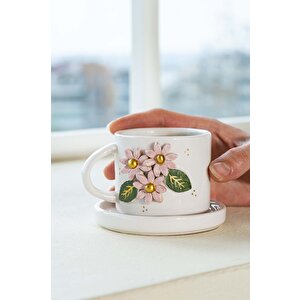 Pembe Çiçekli Amore El Yapımı Seramik Double Kahve Fincanı Mug Kupa