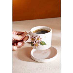 Pembe Çiçekli Amore El Yapımı Seramik Double Kahve Fincanı Mug Kupa
