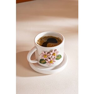 Pembe Çiçekli Amore El Yapımı Seramik Double Kahve Fincanı Mug Kupa