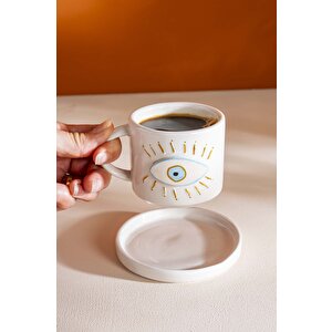 Göz Desenli Amore El Yapımı Seramik Double Kahve Fincanı Mug Kupa