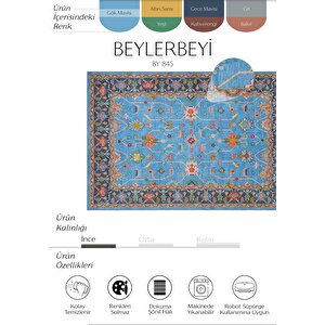 Beylerbeyi By 845 Mavi Halı Çiçek Desenli Otantik Ev Salon Halısı Yıkanabilir Şönil Halı 120x200 cm