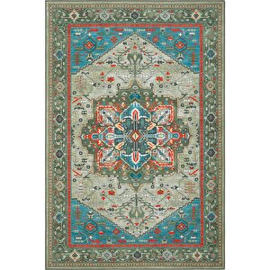 Beylerbeyi By 832 Yeşil Halı Etnik Desenli Otantik Ev Salon Halısı Yıkanabilir Şönil Halı Çok Renkli