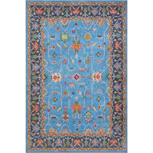 Beylerbeyi By 845 Mavi Halı Çiçek Desenli Otantik Ev Salon Halısı Yıkanabilir Şönil Halı 160x230 cm