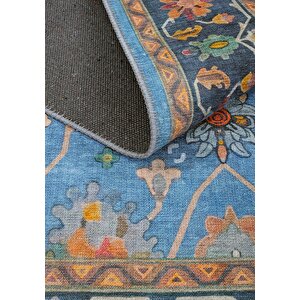 Cool Halı Beylerbeyi By 845 Mavi Halı Çiçek Desenli Otantik Ev Salon Halısı Yıkanabilir Şönil Halı
