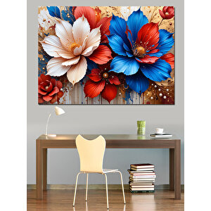 Mavi Kırmızı Çiçek Demeti Dekoratif Kanvas - Mdf Ahşap Tablo 70x100 cm
