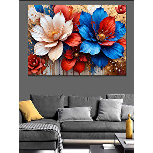 Mavi Kırmızı Çiçek Demeti Dekoratif Kanvas - Mdf Ahşap Tablo 70x100 cm