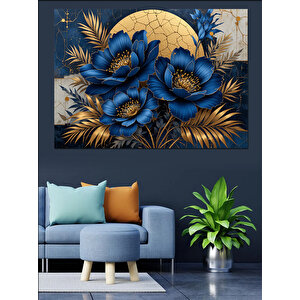 Mavi Ay Çiçek Kompozisyonu Dekoratif Kanvas - Mdf Ahşap Tablo 70x100 cm