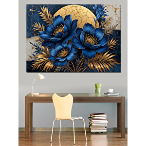 Mavi Ay Çiçek Kompozisyonu Dekoratif Kanvas - Mdf Ahşap Tablo 70x100 cm