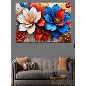 Mavi Kırmızı Çiçek Demeti Dekoratif Kanvas - Mdf Ahşap Tablo 35x50 cm