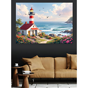 Deniz Feneri Çiçek Bahçesi Dekoratif Kanvas - Mdf Ahşap Tablo 100x140 cm