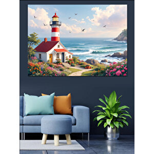 Deniz Feneri Çiçek Bahçesi Dekoratif Kanvas - Mdf Ahşap Tablo 100x140 cm