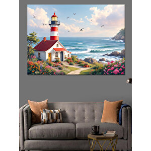 Deniz Feneri Çiçek Bahçesi Dekoratif Kanvas - Mdf Ahşap Tablo 100x140 cm