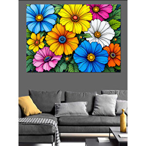Renkli Çiçek Deseni Dekoratif Kanvas - Mdf Ahşap Tablo 50x70 cm
