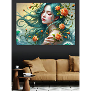 Rüzgarlı Çiçek Kadın Dekoratif Kanvas - Mdf Ahşap Tablo 70x100 cm