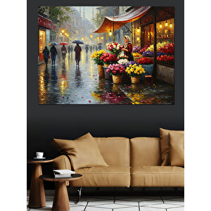 Yağmurda Çiçek Pazarı Keyfi Dekoratif Kanvas - Mdf Ahşap Tablo 50x70 cm