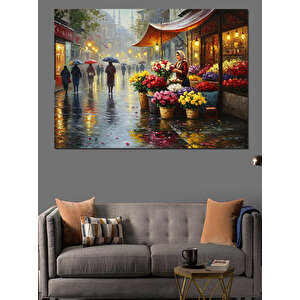 Yağmurda Çiçek Pazarı Keyfi Dekoratif Kanvas - Mdf Ahşap Tablo 50x70 cm