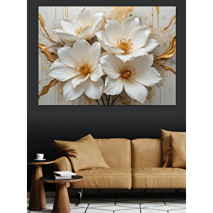 Altın Yapraklı Beyaz Çiçek Dekoratif Kanvas - Mdf Ahşap Tablo 70x100 cm