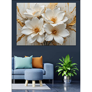 Altın Yapraklı Beyaz Çiçek Dekoratif Kanvas - Mdf Ahşap Tablo 70x100 cm