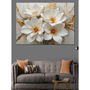 Altın Yapraklı Beyaz Çiçek Dekoratif Kanvas - Mdf Ahşap Tablo 70x100 cm