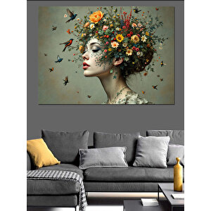 Kelebekli Çiçek Kadın Dekoratif Kanvas - Mdf Ahşap Tablo 70x100 cm