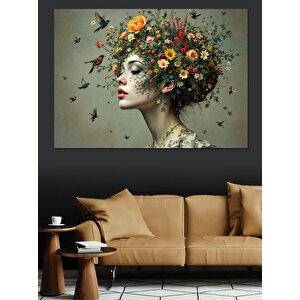 Kelebekli Çiçek Kadın Dekoratif Kanvas - Mdf Ahşap Tablo 70x100 cm