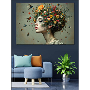 Kelebekli Çiçek Kadın Dekoratif Kanvas - Mdf Ahşap Tablo 70x100 cm