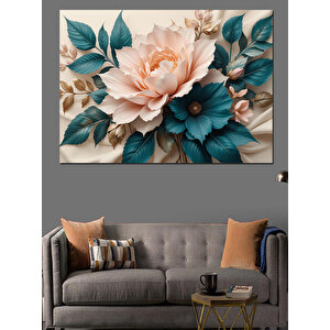 Mavi Yapraklı Büyük Çiçek Dekoratif Kanvas - Mdf Ahşap Tablo 70x100 cm