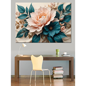 Mavi Yapraklı Büyük Çiçek Dekoratif Kanvas - Mdf Ahşap Tablo 70x100 cm