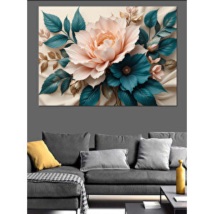 Mavi Yapraklı Büyük Çiçek Dekoratif Kanvas - Mdf Ahşap Tablo 70x100 cm