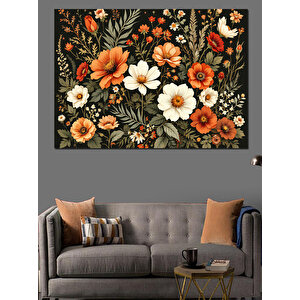 Turuncu Krem Çiçek Deseni Dekoratif Kanvas - Mdf Ahşap Tablo 70x100 cm