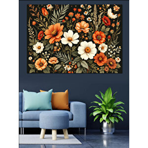 Turuncu Krem Çiçek Deseni Dekoratif Kanvas - Mdf Ahşap Tablo 100x140 cm