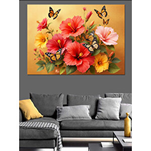 Kelebekli Renkli Çiçek Buketi Dekoratif Kanvas - Mdf Ahşap Tablo 50x70 cm