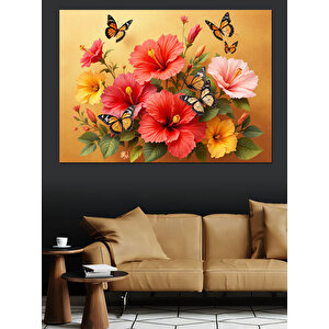 Kelebekli Renkli Çiçek Buketi Dekoratif Kanvas - Mdf Ahşap Tablo 50x70 cm