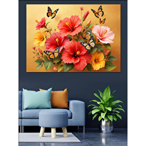 Kelebekli Renkli Çiçek Buketi Dekoratif Kanvas - Mdf Ahşap Tablo 50x70 cm