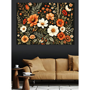 Turuncu Krem Çiçek Deseni Dekoratif Kanvas - Mdf Ahşap Tablo 35x50 cm