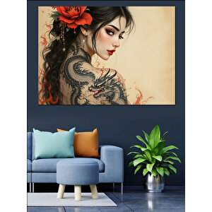 Çiçek Dövmeli Asyalı Kadın Dekoratif Kanvas - Mdf Ahşap Tablo 70x100 cm