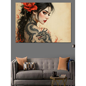 Çiçek Dövmeli Asyalı Kadın Dekoratif Kanvas - Mdf Ahşap Tablo 70x100 cm