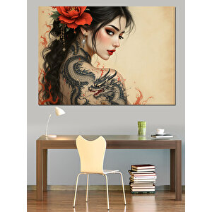 Çiçek Dövmeli Asyalı Kadın Dekoratif Kanvas - Mdf Ahşap Tablo 70x100 cm
