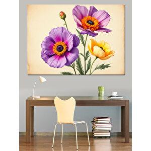 Renkli Çiçek Desenli Çizim Dekoratif Kanvas - Mdf Ahşap Tablo 100x140 cm