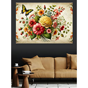 Kelebekli Çiçek Sanatı Dekoratif Kanvas - Mdf Ahşap Tablo 50x70 cm