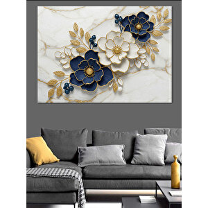 Beyaz Mavi Çiçek Deseni Dekoratif Kanvas - Mdf Ahşap Tablo 70x100 cm