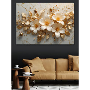 Altın Beyaz Çiçek Demeti Dekoratif Kanvas - Mdf Ahşap Tablo 35x50 cm