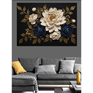 Siyah Altın Çiçek Deseni Dekoratif Kanvas - Mdf Ahşap Tablo 100x140 cm