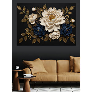 Siyah Altın Çiçek Deseni Dekoratif Kanvas - Mdf Ahşap Tablo 100x140 cm