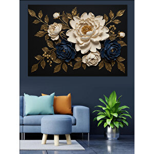Siyah Altın Çiçek Deseni Dekoratif Kanvas - Mdf Ahşap Tablo 100x140 cm