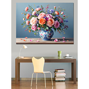 Vazoda Pembe Çiçek Buketi Dekoratif Kanvas - Mdf Ahşap Tablo 50x70 cm