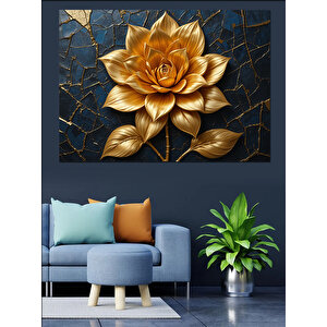 Altın Metalik Çiçek Dekoratif Kanvas - Mdf Ahşap Tablo 50x70 cm