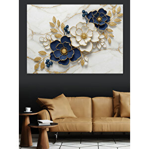 Beyaz Mavi Çiçek Deseni Dekoratif Kanvas - Mdf Ahşap Tablo 50x70 cm
